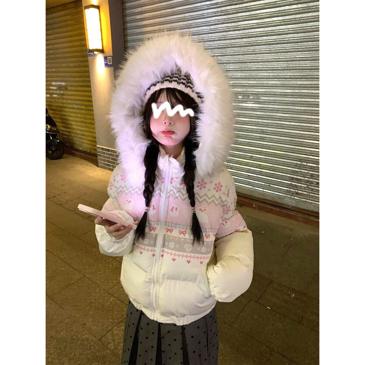 白色连帽毛领棉服外套女2025新款冬季费尔岛印花高级感面包服上衣