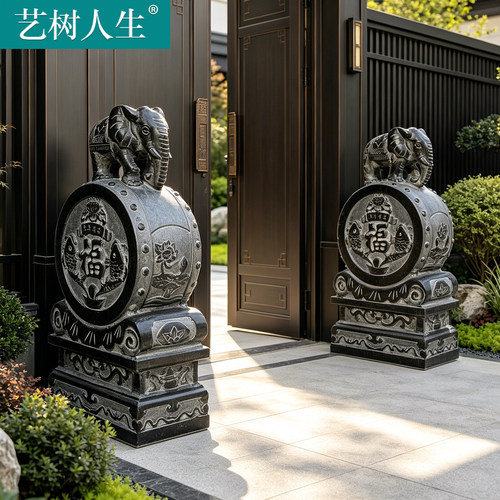青石仿古抱鼓石门墩一对