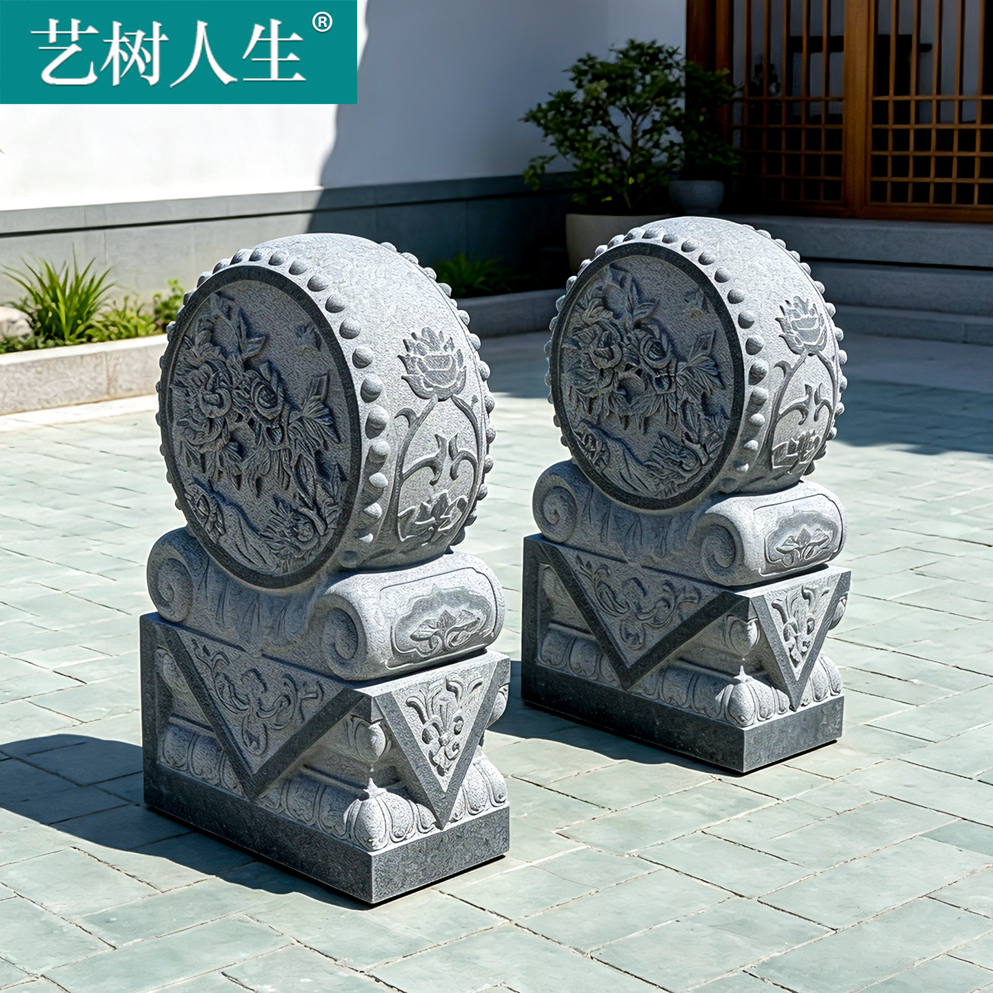 天然原石花开富贵仿古抱鼓石门墩图片