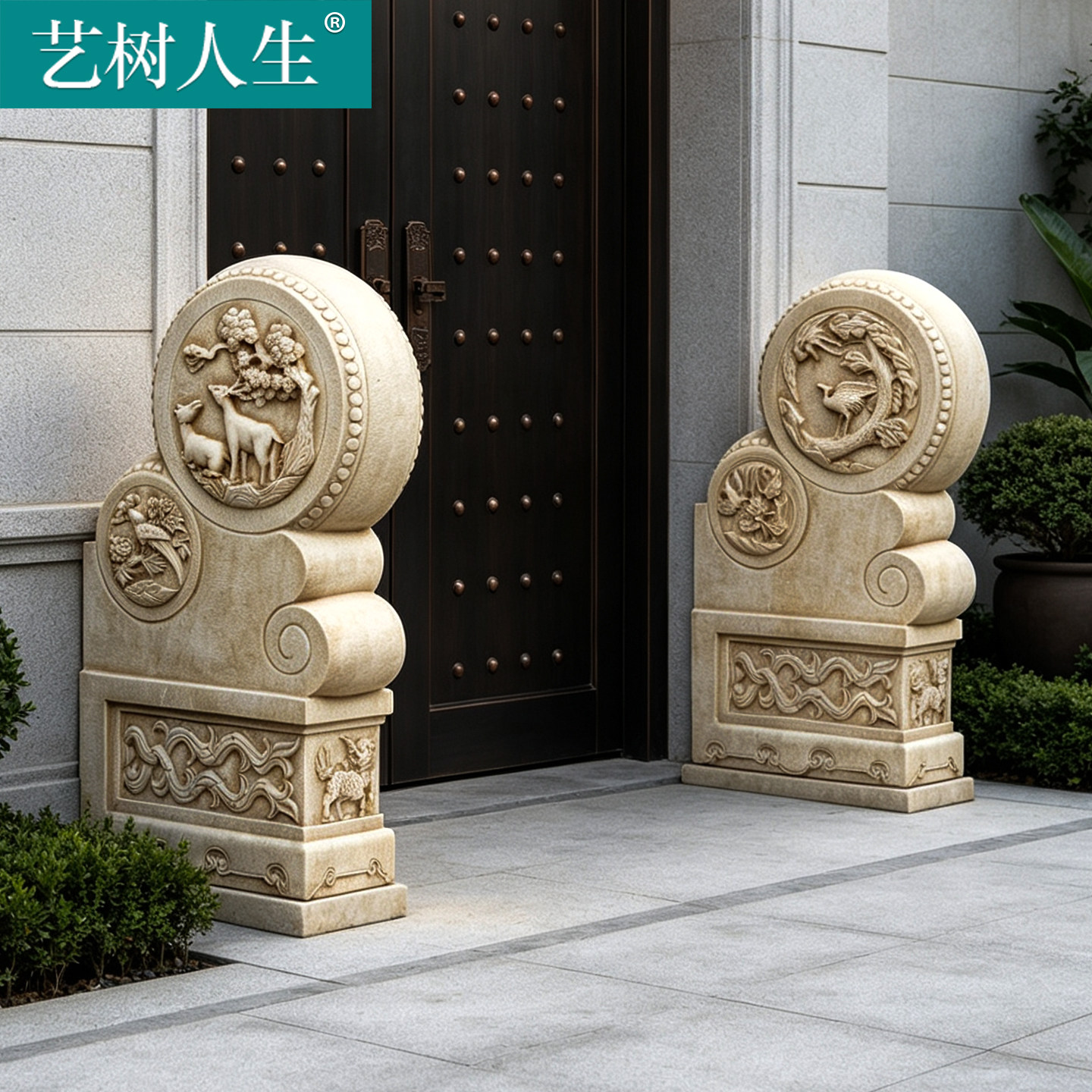 汉白玉仿古抱鼓石一对庭院门墩图片