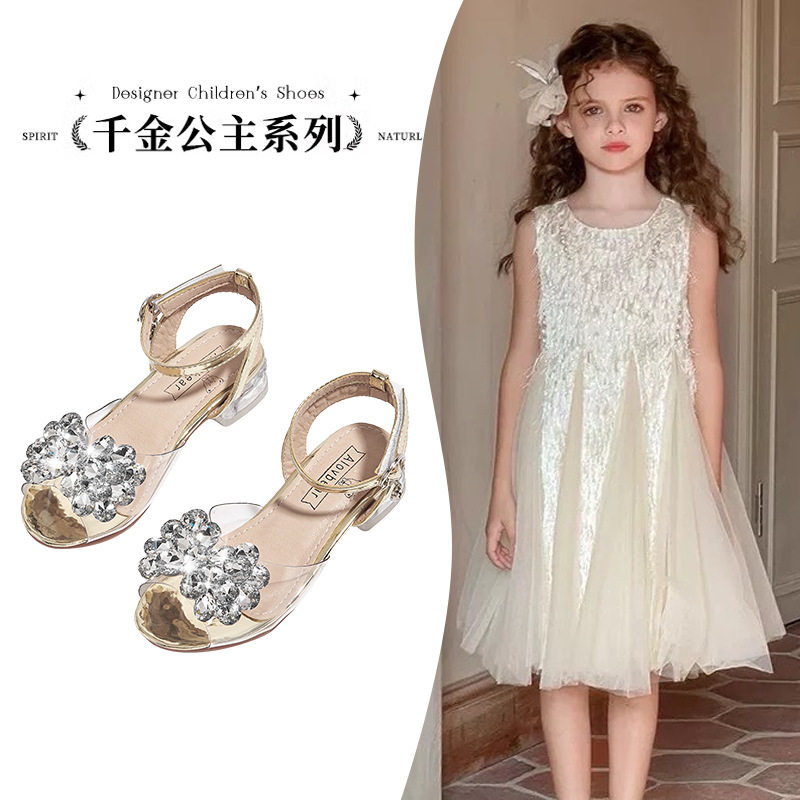 小高跟时尚女童凉鞋透明水晶果冻鞋水钻蝴蝶结公主鞋礼服演出童鞋