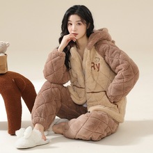 冬季睡衣女款三层夹棉珊瑚绒厚实可外穿加厚加绒连帽家居服套装女