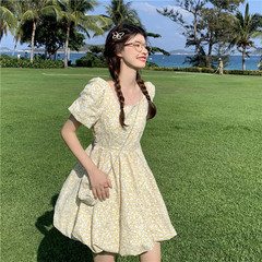 Real price real auction square neck bubble sleeve waist embroidery short sleeve dress send bag