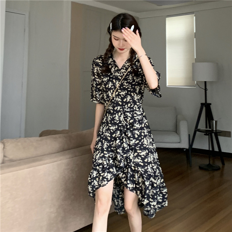 French floral medium length dress with thin waist and ruffle