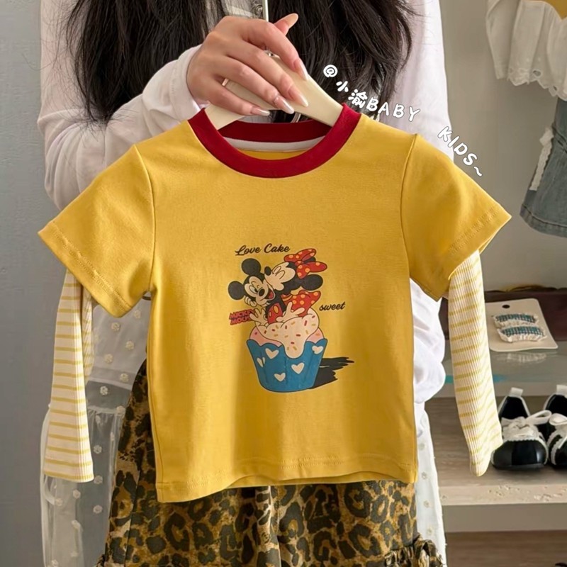 女童假两件长袖上衣2026春秋新款可爱卡通米奇印花圆领长袖棉T恤~,童装/婴儿装/亲子装,T恤,淘宝优惠券,粉丝福利购,淘宝优惠卷