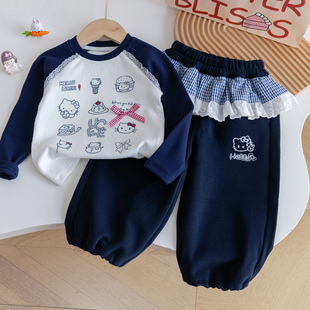童装女童卡通套装2025春秋新款可爱kt猫拼色上衣屁帘束脚卫裤套装