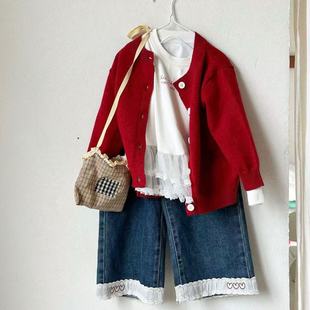 童装女童套装红色开衫+白色蕾丝内搭花边牛仔裤三件套女秋季新款