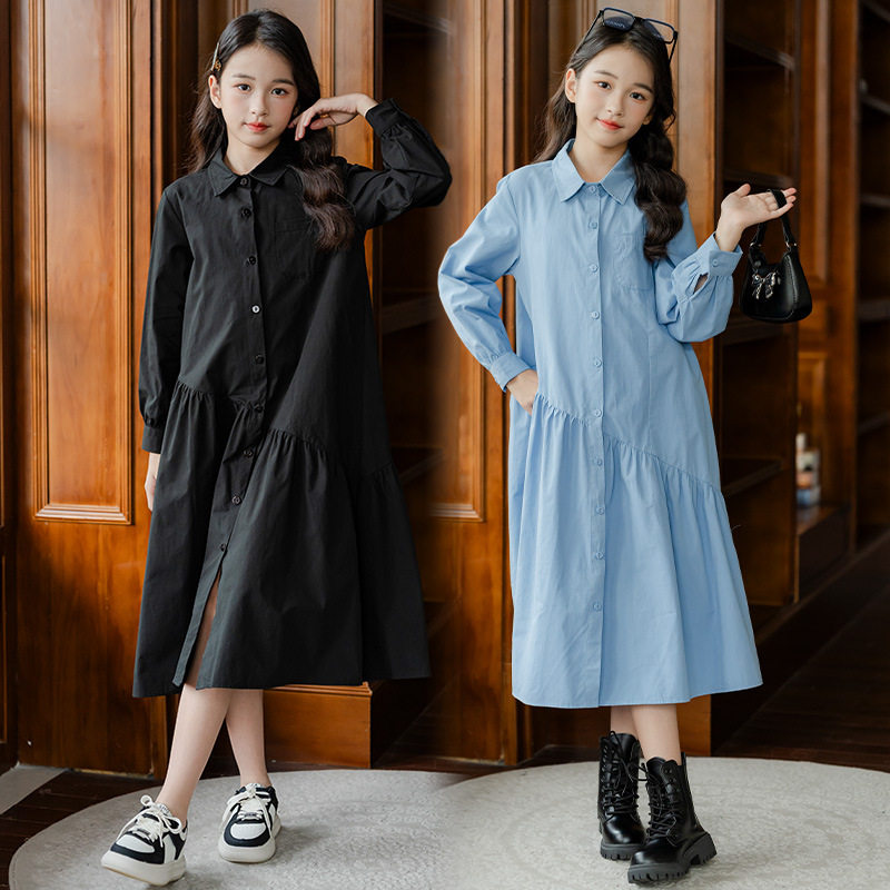 森系女童连衣裙学院风韩版宽松翻领衬衣裙子一大一小儿童姐妹装女