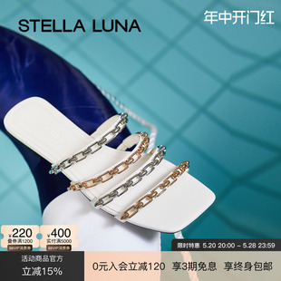 LUNA女鞋 春夏新款 拖鞋 拖 STELLA 方头真皮链条时尚 黑白色外穿凉鞋