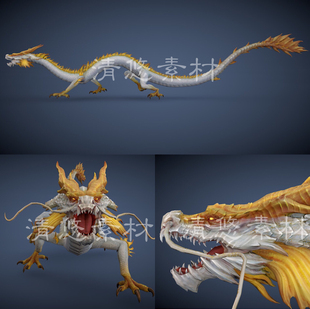 c4d模型中国龙神异动物白龙飞龙骨骼绑定 710 带游戏动作fbx格式