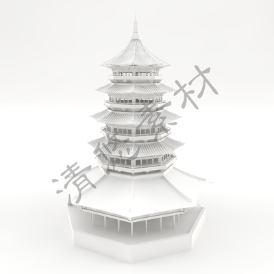 东方古塔五层宝塔-maya c4d fbx obj塔楼古建筑模型文件白模874