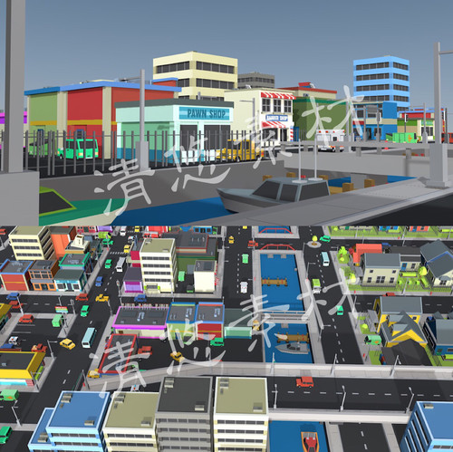 unity场景max maya c4d fbx低面卡通城镇街道码头城市建筑模型891