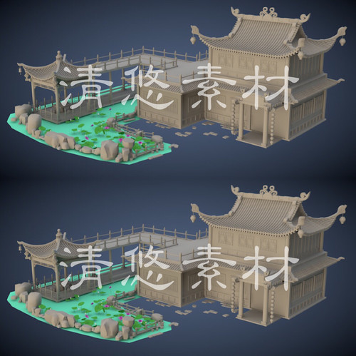 3dmax c4d fbx obj格式模型古建筑荷花池亭子小院场景模型 A152