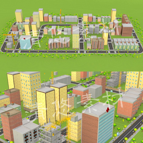 uinty maya c4d fbx卡通建筑高楼街道塔吊小镇室外场景模型 A16