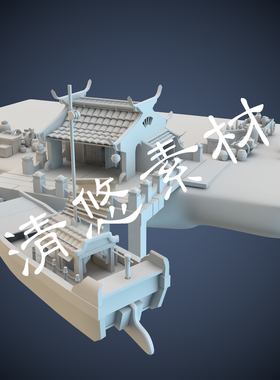 Q版古代河边码头船坞客栈木车罐子场景maya c4d fbx obj模型 A144