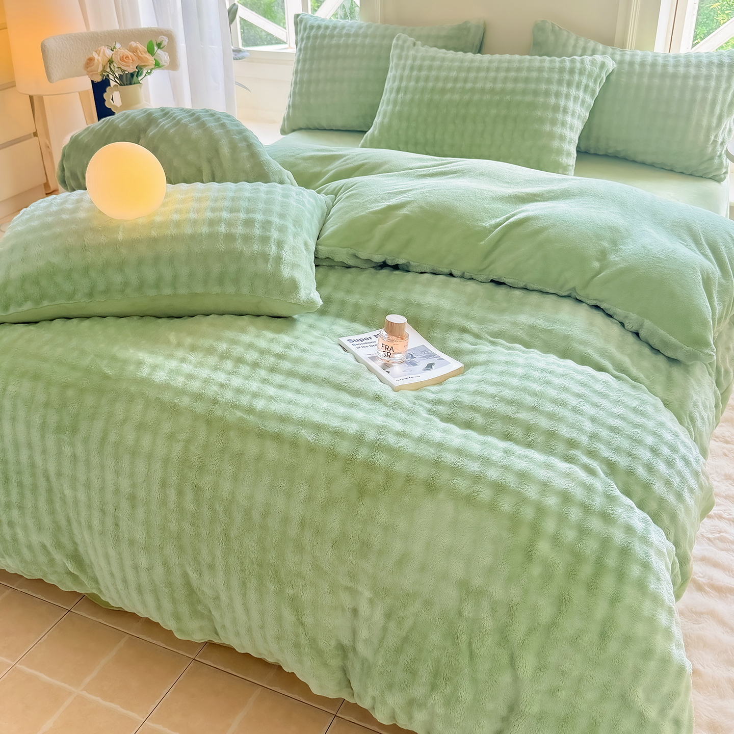 泡泡牛奶绒纯色四件套加厚保暖兔毛绒被套轻奢床笠款秋冬床上用品