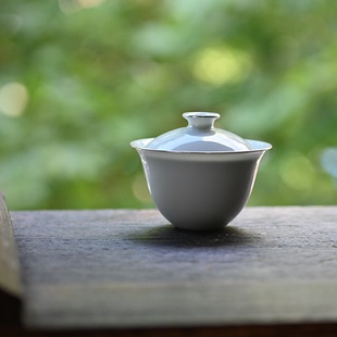 沁茗堂景德镇白瓷银口盖碗不烫手纯白薄胎功夫茶具传统若深泡茶碗