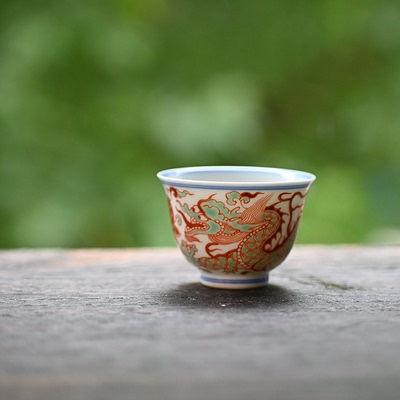 非遗传承人手工红绿彩龙纹品茗杯