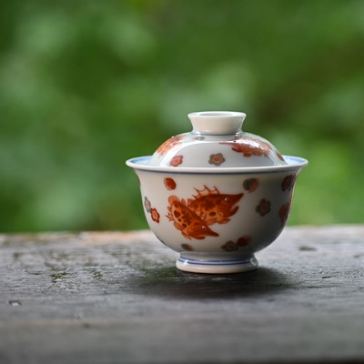 桃花鳜鱼盖碗红绿彩纯手工手绘