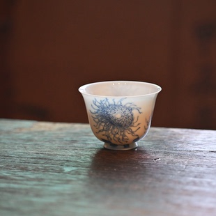 沁茗堂 青花白描皇菊花主人杯 手工手绘功夫茶具茶杯品茗杯75ml
