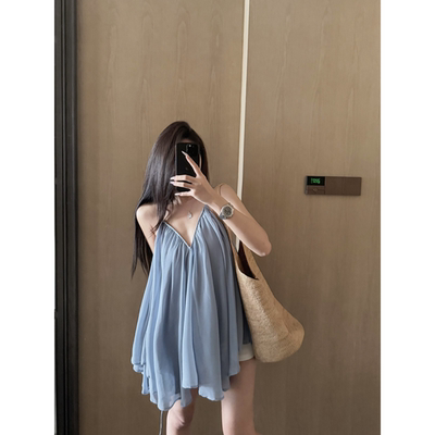 清冷仙气法式V领吊带背心2025夏季新款气质雪纺无袖上衣女