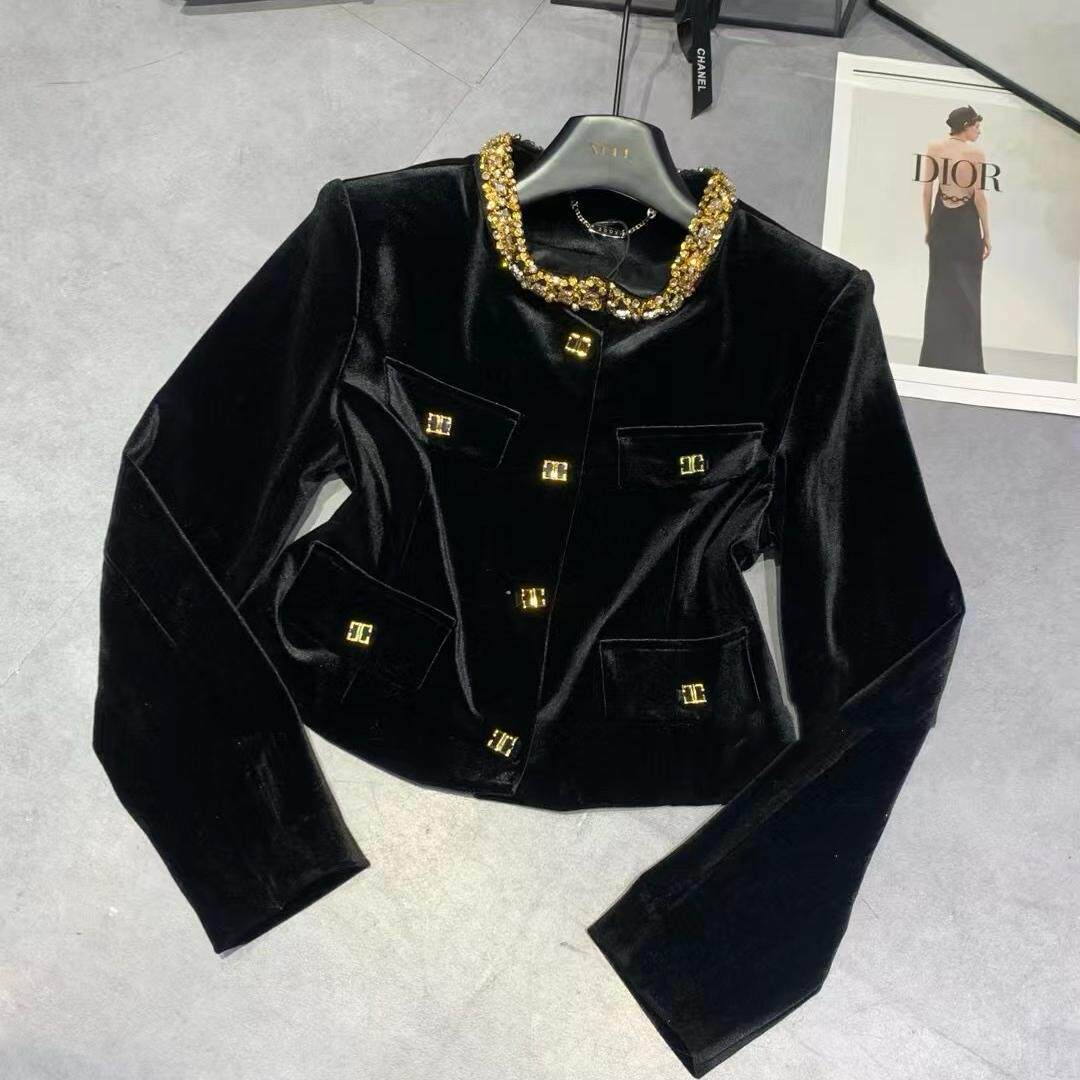 小众设计网红同款丝绒按扣钻石链条装饰小香风短外套气质名媛上衣