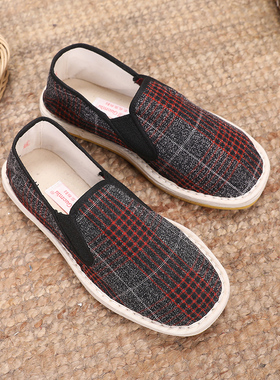 春秋手工布鞋女农村传统纳底中国风牛筋底灰色格子鞋一脚蹬千层底