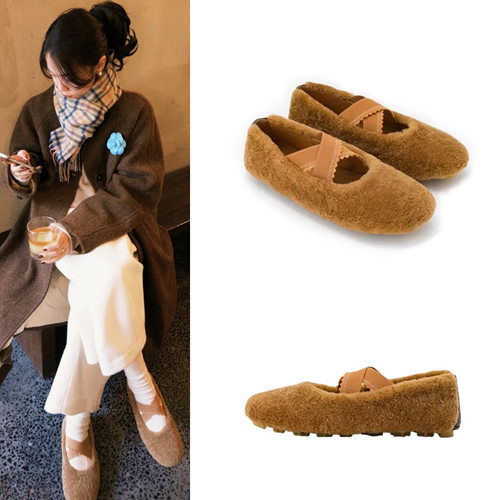 露思同款毛毛鞋法式复古外穿羊羔毛芭蕾舞鞋交叉单鞋毛绒豆豆鞋女