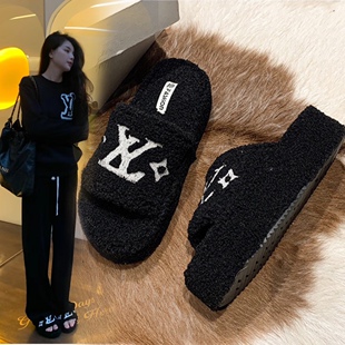 网红厚底毛毛拖鞋秋冬毛巾刺绣字母保暖增高羊羔毛一字拖外穿棉鞋