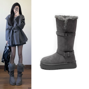 赵露思同款 外穿靴子加绒加厚保暖长筒靴女 灰色长筒雪地靴厚底冬季