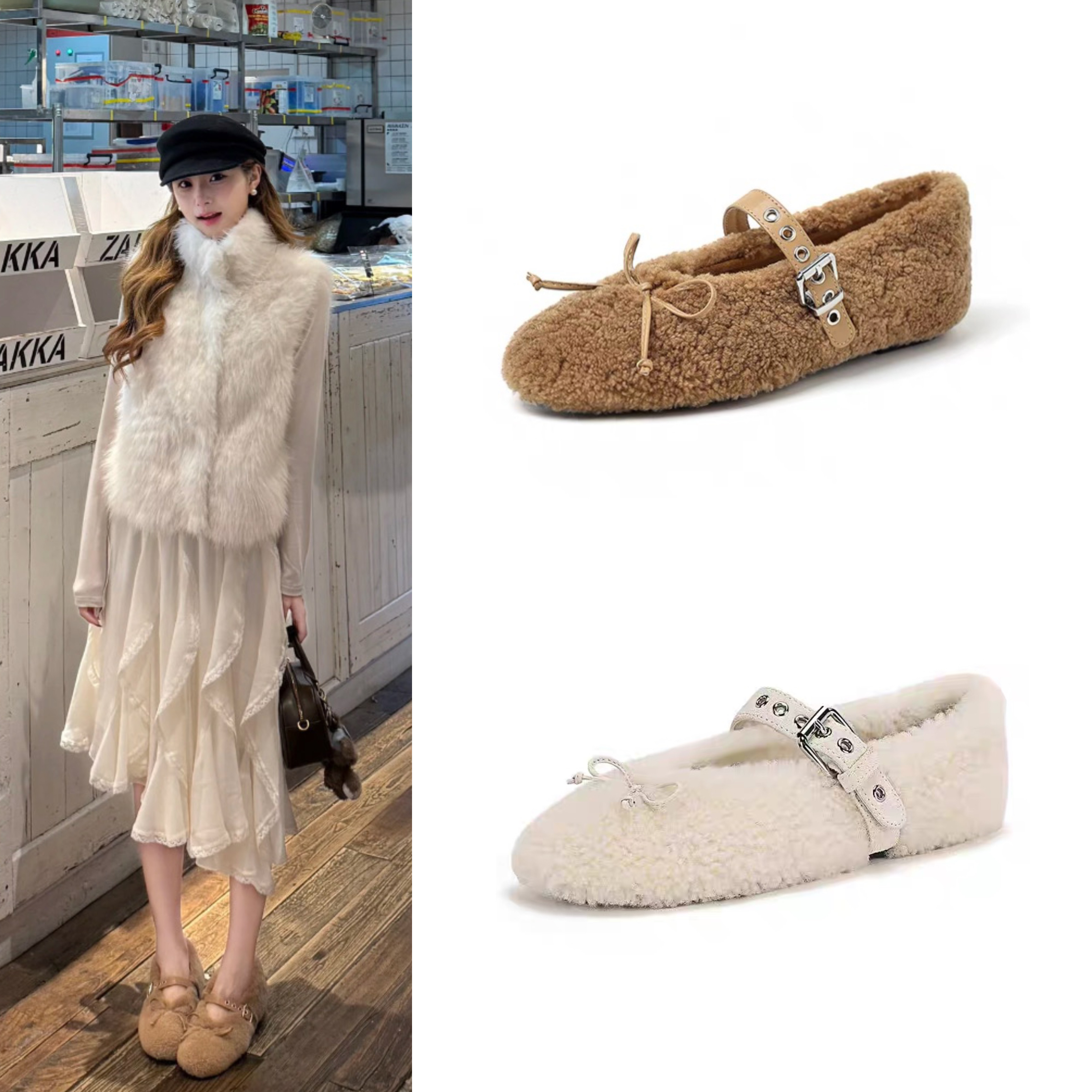 赵露思同款毛毛鞋羊羔毛蝴蝶结外穿皮带扣玛丽珍芭蕾鞋毛绒棉鞋女