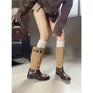 花少马思纯同款尖头西部牛仔靴厚底长筒靴堆堆靴磨砂皮牛皮骑士靴