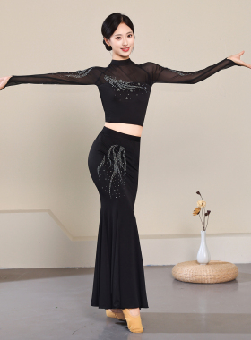 2026新款傣族舞蹈演出服艺考练功裙黑色长袖烫钻包臀鱼尾裙表演服