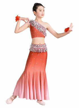 新款傣族舞蹈演出服儿童女童少儿鱼尾裙孔雀舞演出服装民族表演服