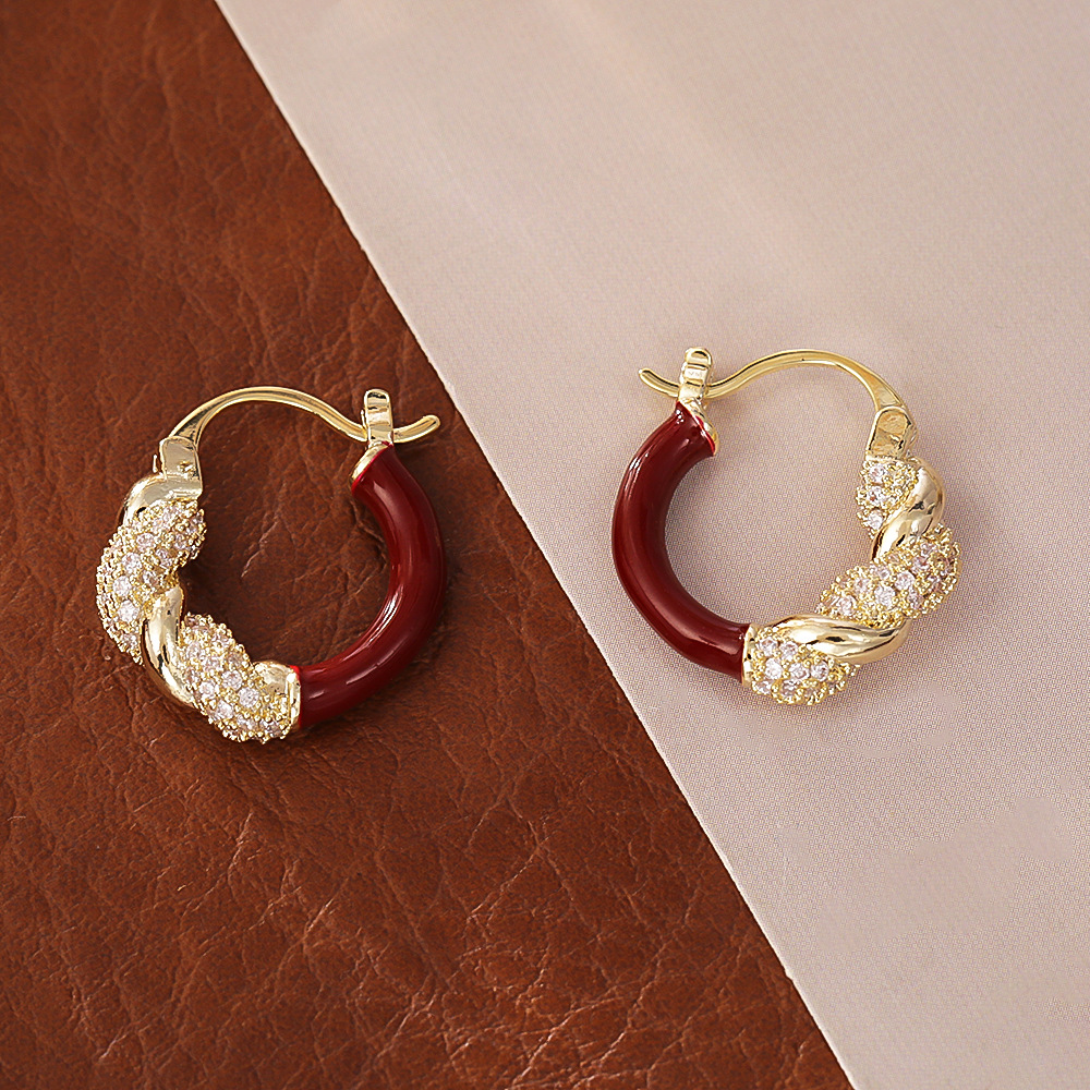 复古酒红撞色耳环高级感小众设计时尚喜庆耳饰铜镀真金冷淡