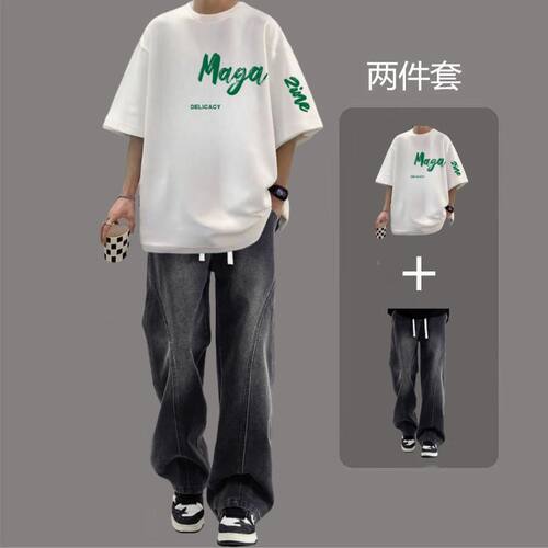 夏季短袖上衣T恤五分袖T508K37牛仔裤套装3XL
