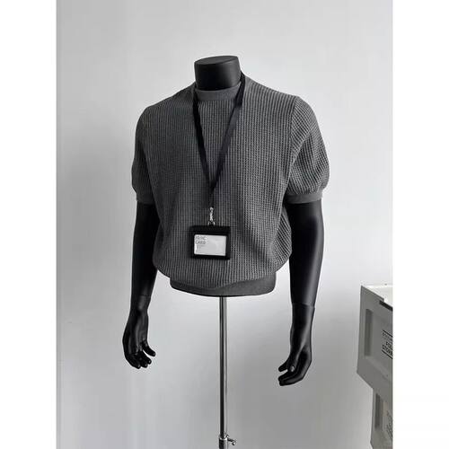 老钱风正肩针织短袖男款夏季竖条纹小领口T恤美式覆古boxy半截袖