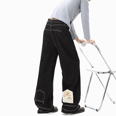 倒装原色牛仔裤男女春季美式复古宽松弯刀阔腿裤子