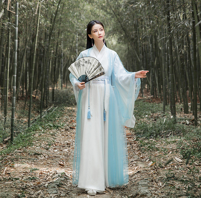 汉服女原创魏晋风大袖衫交领襦裙六米摆 广袖绣花古装天蓝套装