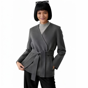 Theory羊毛羊绒混纺无领系带大衣 P0801406