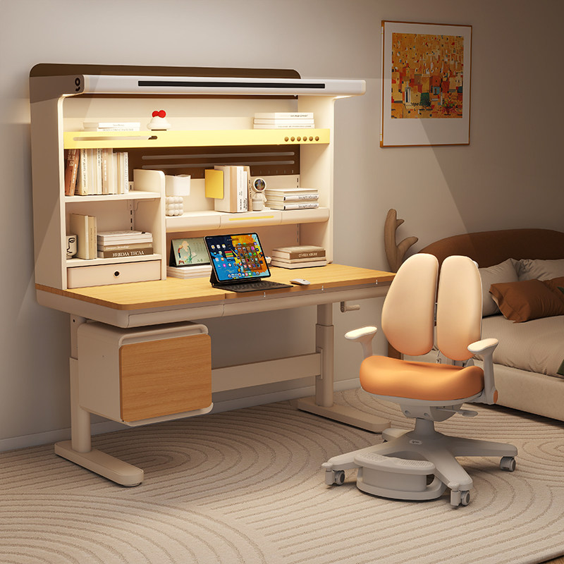 爱果乐儿童学习桌小学生家用书桌写字桌子实木可升降课桌椅咖啡猫
