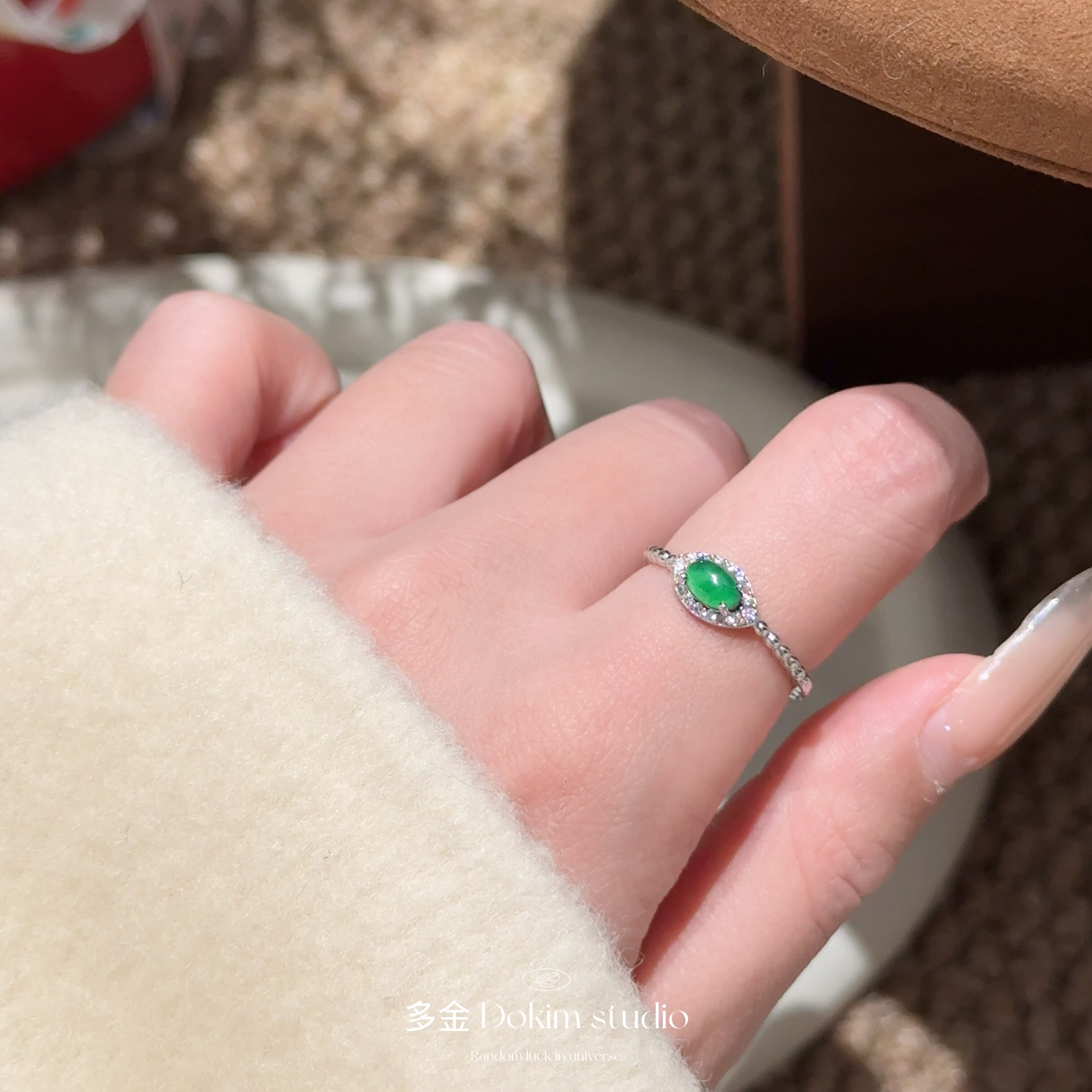 “绿光” S925纯银天然A货翡翠马眼戒指不掉色新中式珠宝感开口