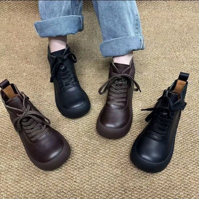 2025新款真皮牛皮女鞋妈妈软底豆豆脚蹬复古马丁靴单鞋女靴