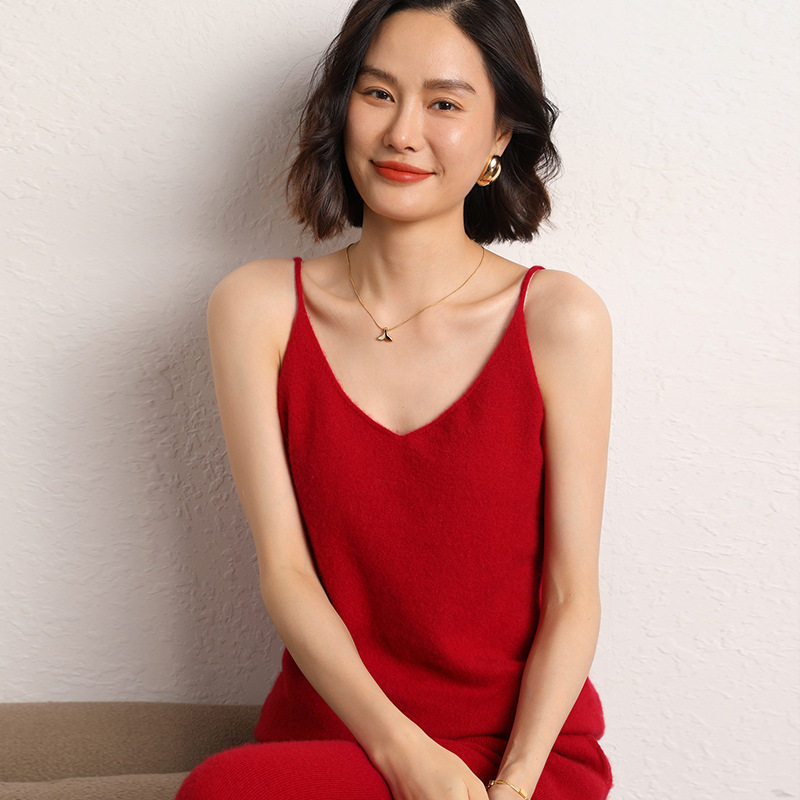 软糯山羊绒女士修身无袖简约纯色套头打底新款毛衣针织衫吊带背心