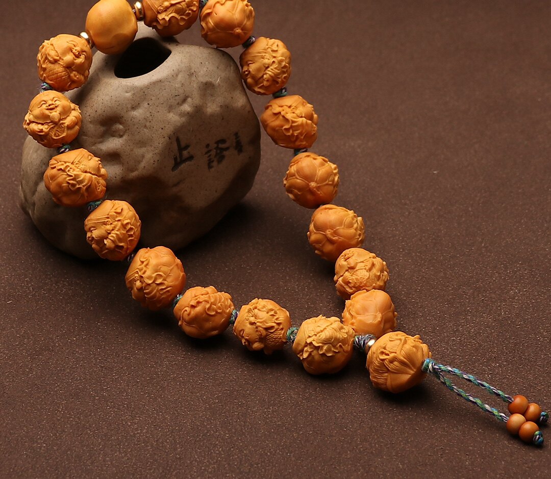 龙纹核桃手串手工核雕荷叶财神弥勒桃核佛珠手链小籽男女文玩手链