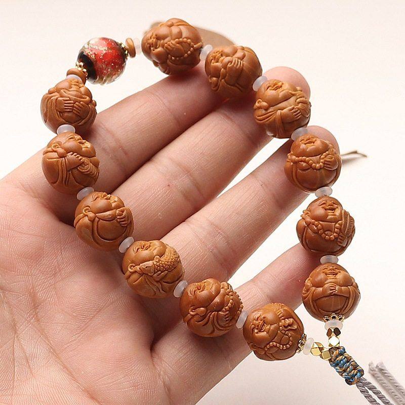 铁核手持橄榄核雕刻小弥勒佛手串香灰琉璃顶珠文玩把件短圆手工手