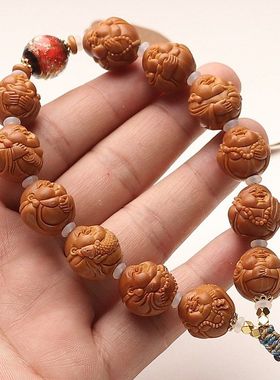 铁核橄榄核雕刻小弥勒佛手串