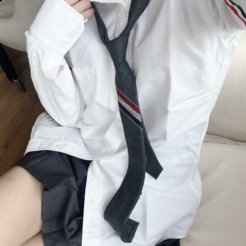 万物二奢 99新 THOM BROWNE 深灰色红白蓝三织带窄款领带5514