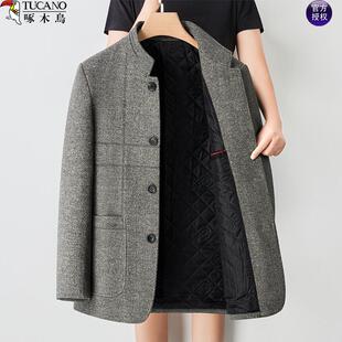 啄木鸟中年男士加棉毛呢子大衣加厚立领爸爸装秋冬夹克中山装外套