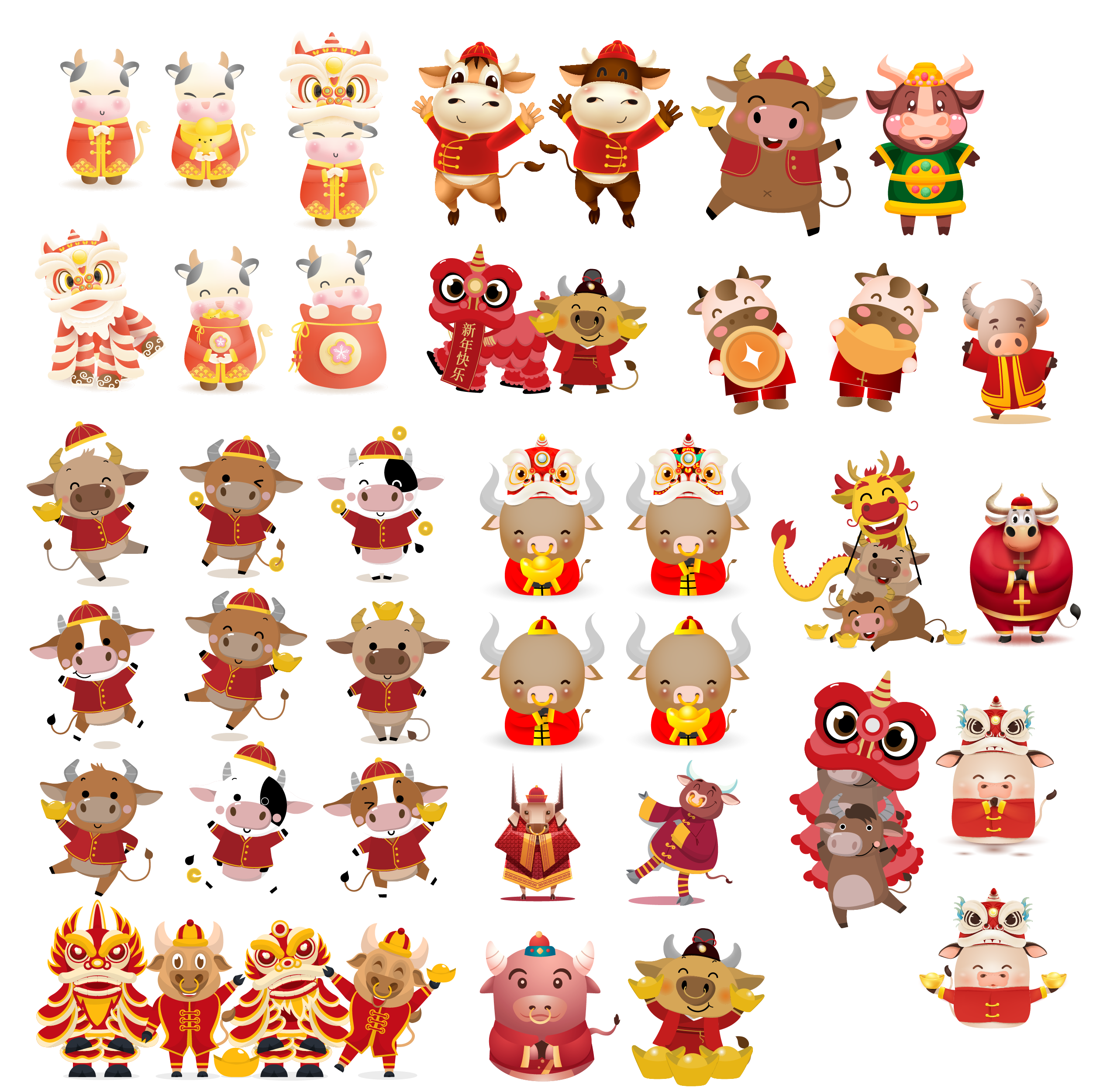 新年春节元旦装饰元素2021年牛年卡通人物形象插画图案素材模板
